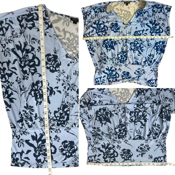 Ann Taylor Shirt Womens Large Blue Navy Floral Print V Neck Short Sleeve Top - Picture 5 of 6